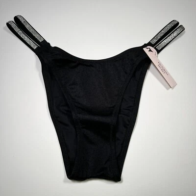 Victoria Secret XS Cheeky Brazilian Bikini Bottom Double Shine Strap Black - Image 1 of 4