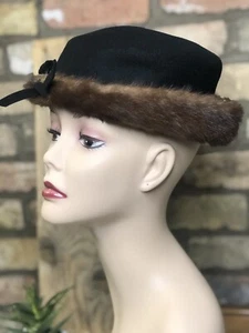 Vintage Pillbox Hat LEE Women's Brown Mink Fur Black Felt Mid Century - Picture 1 of 7