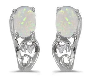 10k White Gold Oval Opal And Diamond Earrings - Picture 1 of 2