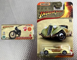 MATCHBOX INDIANA JONES 1936 AUBURN SPEEDSTER (LONG CARD) & DUCATI SCRAMBLER NEW - Picture 1 of 1