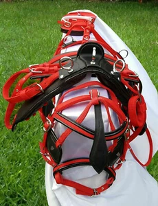 JUEGO DE ARNÉS DE CONDUCCIÓN DE NAILON DOS TONOS ROJO/NEGRO PARA UN SOLO CABALLO EN TODOS LOS TAMAÑOS - Imagen 1 de 5