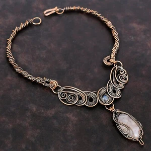 Copper Rose Quartz Stone Rainbow Moonstone Chain Wire Wrapped Necklace Jewelry - Picture 1 of 6