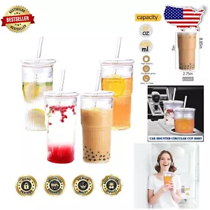 Durable 22 oz Ribbed Glass Mugs with Lids, Straws - Perfect for Drinks at Home - Picture 1 of 11