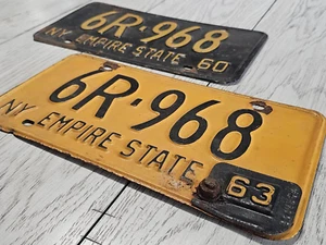 New York License Plate Set Pair Dates 1960, 1962 & 1963 Date Tab 1963 6R-968 - Picture 1 of 15