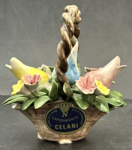 Italian Ceramic Roses Bouquet Porcelain Basket Celani Capodimonte Vintage 1970 - Picture 1 of 10