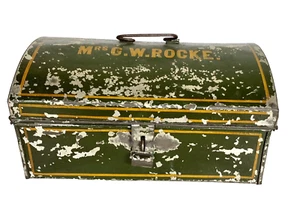 Antique Painted 'Mrs. G.W. Rocke' Tin Money Box with a Domed Lid 10" x 7" x 5" - Picture 1 of 10