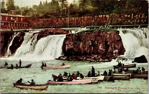 Vintage 1910er Angeln in Oregon City Willamette Falls Boote Oregon ODER Postkarte - Bild 1 von 2