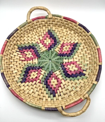 Handwoven Geometric Seagrass Straw Basket Tray w Handles Green Pink Purple 14" Cover