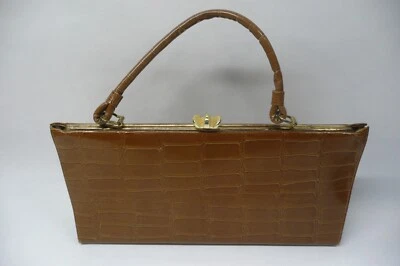 VTG 50s 60s Faux Brown Chestnut Lizzard Crocodile Print Hand Bag Purse - Image 1 of 4