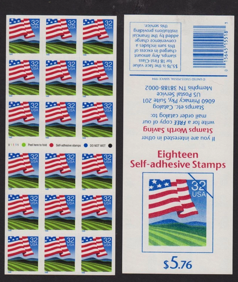 1995 Flag over Farm Sc 2919a MINT booklet pane of 18 plate number V1111 - Image 1 of 1