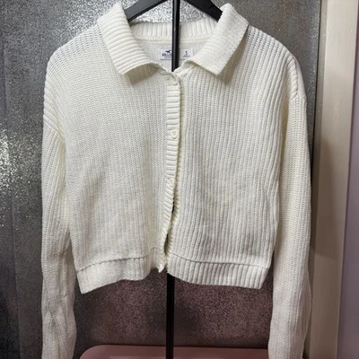 Hollister White Knit Collared Button Down Sweater Small - Image 1 of 4