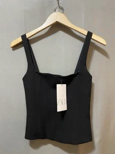 NWT ZARA Women Strap Square Neck Zipper Boning Corset Style Crop Top SZ XS Black - Picture 1 of 16