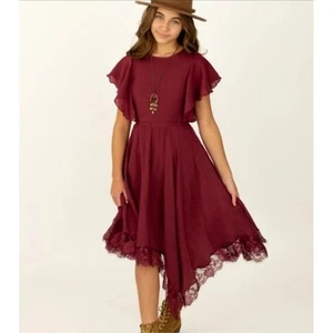 Joyfolie Mädchen Kleid weinrot rot Spitzenbesatz Flatterärmel Party Freizeit Größe 3 neu mit Etikett - Bild 1 von 10