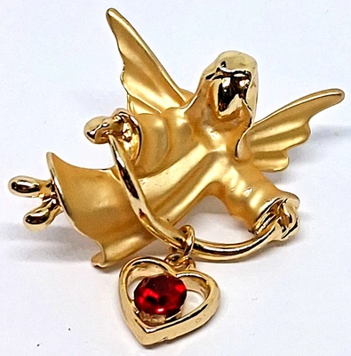 Prendedor de solapa vintage Gigi Giusti tono dorado estrás corazón colgante ángel de la guarda Foto 1 de 4
