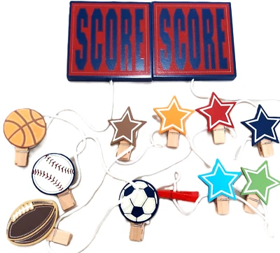 NEW Hanging Art Photo String SCORE Sports Balls & Stars Clips 90” Wall Decor - Image 1 of 4