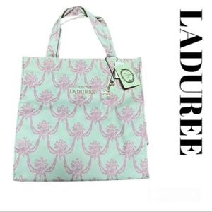 LADUREE Paris TOTE Bag Eiffel Tower charm 24cm Green Pink Flower bouquet New - Picture 1 of 5