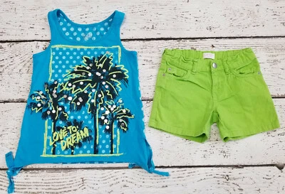 JUSTICE 8 10 Girls Blue Green Palm Tree Tank Top Green Denim Shorts DC-TT20 - Image 1 of 4