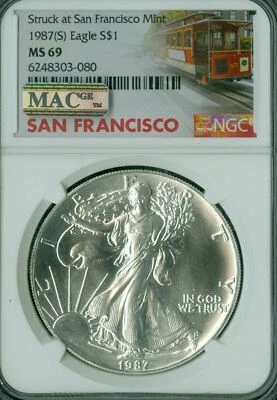 1987 (S) SILVER EAGLE NGC MS69 MAC SPOTLESS VERY RARE LOW POP TROLLEY CAR * - Image 1 of 4