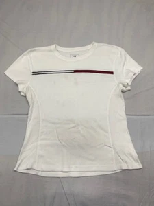 Tommy Hilfiger Girls Shirt White Short Sleeve Logo Ribbed Sides Size L. Stains - Picture 1 of 9