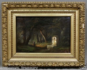 19th Century Continental School Oil Painting Woman, Fountain Dark Nature Trail - Picture 1 of 11