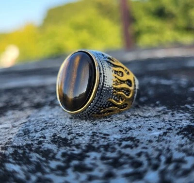 Anillo de piedra ovalado ojo de tigre chapado en oro de acero inoxidable MENDEL para hombre talla 10 Foto 1 de 4