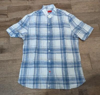 $565 Mens ISAIA Large Check Linen SS Button Up Shirt Light Blue 39 US Medium - Image 1 of 4