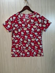 Hello Kitty Scrub Top Women's XS V-Neck Short Sleeve Medical Nurse Red Valentine - Picture 1 of 6