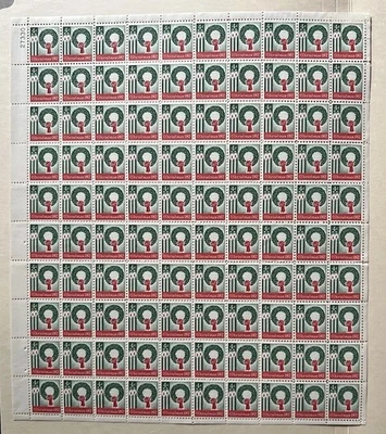 1962 US Postage Stamps Scott 4 Cent  #1205 Full Sheet of 100 Christmas Wreath - Image 1 of 3