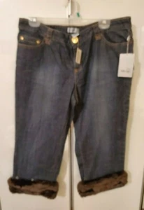 NWT Womens Metro 7 Denim Capri Blue Jeans  Removable Faux Fur Trim Size 16 - Picture 1 of 2