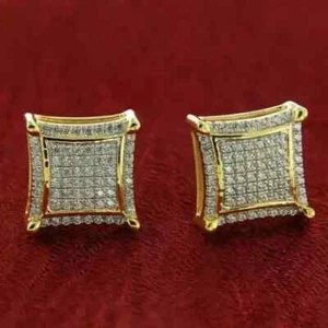 3 Ct Round Cut Real Moissanite Men's Square Stud Earrings 14K Yellow Gold Plated - Picture 1 of 4