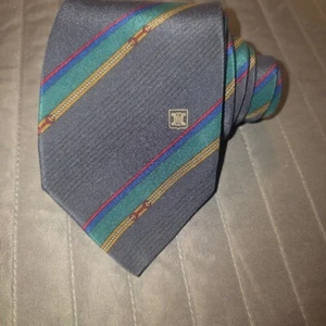 Celine Paris Repp Tie Mens 57"X3" Grey With Red Blue Green Stripes 100% Silk EUC - Picture 1 of 11