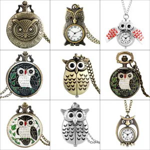 Men Women Vintage Owl Design Steampunk Quartz Pocket Watch Necklace Chain Gifts - Picture 1 of 30