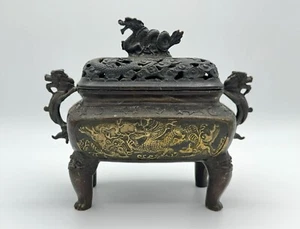 Chinese bronze censer with gilt on dragons. Xuande mark. Many Dragons. - Picture 1 of 6