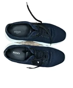 FENDI Sneakers Shoes Low-Cut Monster Bugs Eye Leather Blue UK-7 US-8 Authentic - Picture 1 of 14