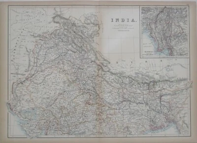 Original 1890 Map NORTH INDIA Delhi Agra Nepal Calcutta Bhopal Himalaya Mandalay - Image 1 of 4