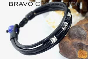 Armband Sterling Silver Leather Lapis Lazuli Wristband Men Bracelet 2B-114 - Foto 1 di 6