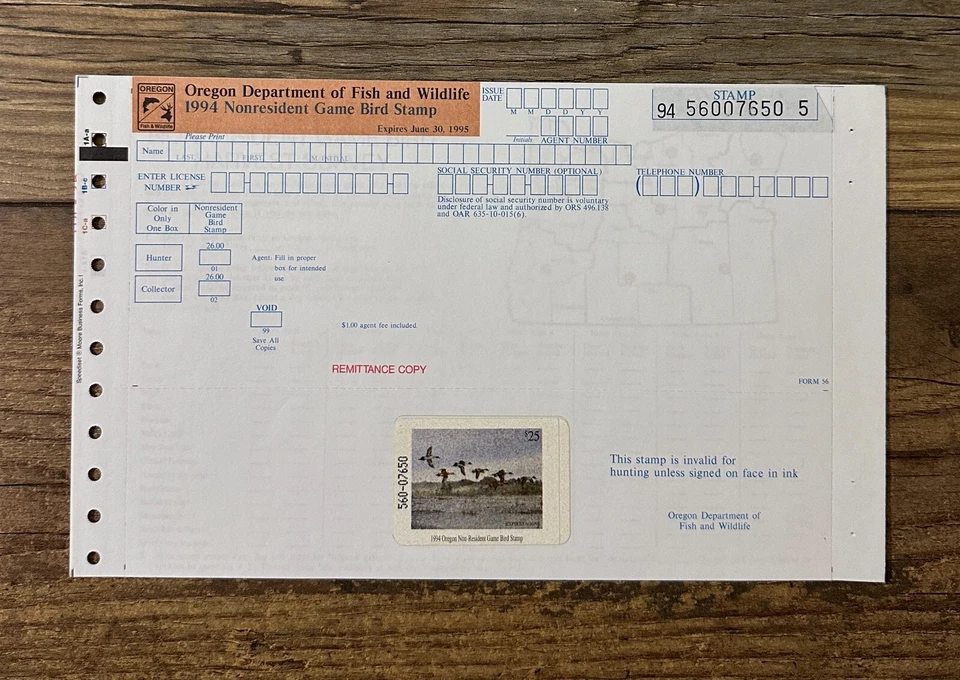 1994 OREGON - State Duck Stamp - MNH **HUNTER TYPE w/ Harvest Survey - NON-RES - Image 1 of 3