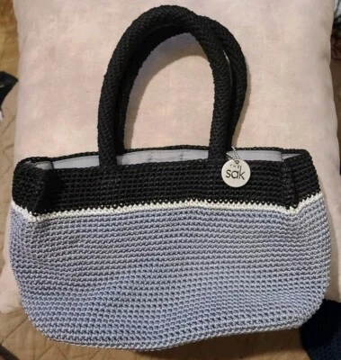 The Sak hand Crocheted black gray with white line bag. Pre owned about 5.5 in... - Image 1 of 4