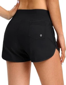Women's Swim Shorts w/Pockets High Waisted Board Shorts Black US Size L - Picture 1 of 3