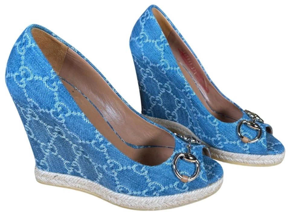 Gucci GG Logo Denim Alpargata Horsebit Cuña Tacones Talla 37.5 Foto 1 de 4