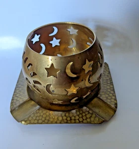 Vintage round Brass Star Cut Tea Light Candle Holder celestial with brass tray - Picture 1 of 4