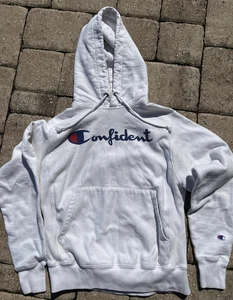 Vintage CHAMPION REVERSE WEAVE "CONFIDENT" Hoodie Hooded White Mens Size Small - Picture 1 of 3