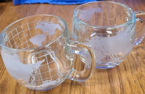 Set of 4 Vintage Nestle World Clear Frosted Glass Etched Mugs/Cups With Handles - Picture 1 of 18