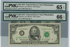 Fr. 2118-C $50 1974 Federal Reserve Note 2 Consecutive 65-66 EPQ PMG DC-2577 - Picture 1 of 3