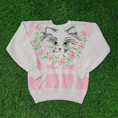Vintage Flower Cat Sweatshirt Womens XS 17x19 White Pink - Image 1 of 4