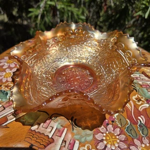 Vintage Fenton Ringelblume gekräuselte Schale Bartbeere und Blatt Kette Karneval Glas  - Bild 1 von 16