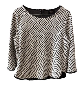 W5 ANTHROPOLOGIE Fransen 3/4 Ärmel schwarz weiß Fischgrätmuster Reißverschluss hinten Größe Small - Bild 1 von 3