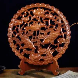 Chinese Wall Art Peach Wood Round Carved Plaque Flower Fish Statue Home Decor - Picture 1 of 1