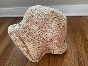 Eddie Bauer Beige 100% Paper Straw Rock Beaded Floppy Bucket Hat Adult S/M - Picture 1 of 5