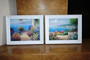 VINTAGE DAVID MEDITERRANEAN OCEANVIEW VILLA OIL PAINTING 20"X16" WHITE FRAME SET - Picture 1 of 18